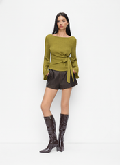 Boat Neck Textured Side Knotted Ruched Long Sleeve Top