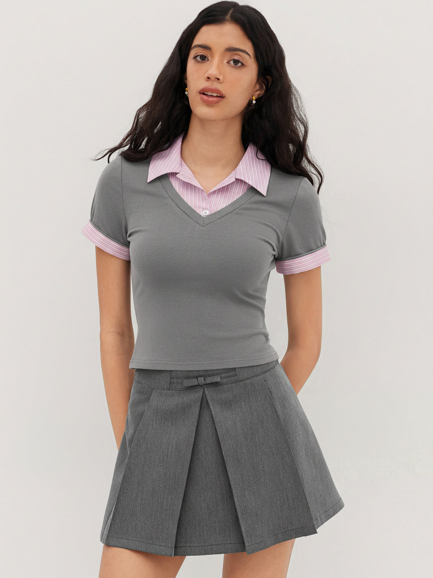 Cotton Collar Stripe Two Tone Short Sleeve Top