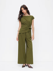 Boat Neck Stripe Ruched Knotted Straight Leg Jumpsuit