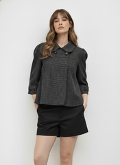 Jacquard Peter Pan Collar Houndstooth Three-quarter Length Sleeve Oversized Blouse