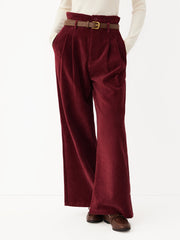 Corduroy High Rise Solid Pleated Wide Leg Trousers With Belt